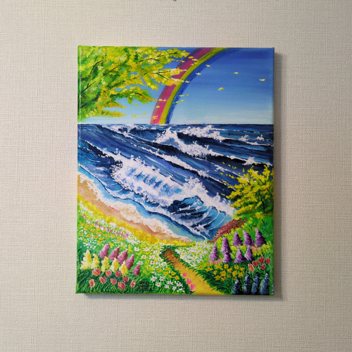 春の訪れ』/F3 アクリル画 原画 1点物 癒しの風景画 海 花畑 虹 絵画