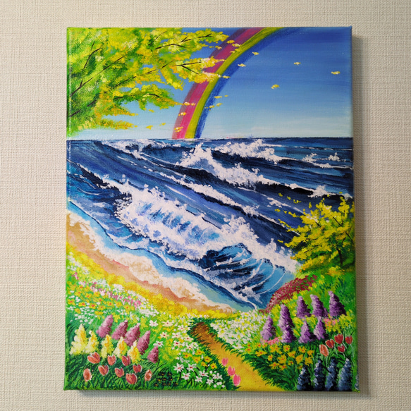 R*U様 【春の日】アクリル画 F3 風景画 絵画 春の訪れ』/F3 アクリル画 原画 1点物 癒しの風景画 海 花畑 虹 絵画