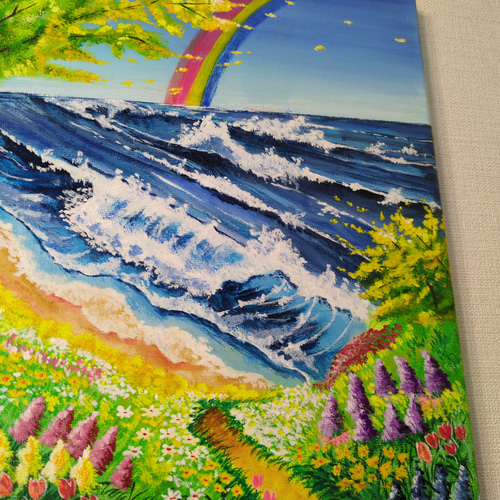 アクリル画　風景　925 春の訪れ』/F3 アクリル画 原画 1点物 癒しの風景画 海 花畑 虹 絵画