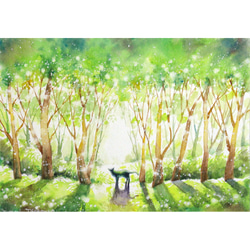 原画】庭園の風景（水彩画/額無し）☆送料無料 風景画 新緑 絵画