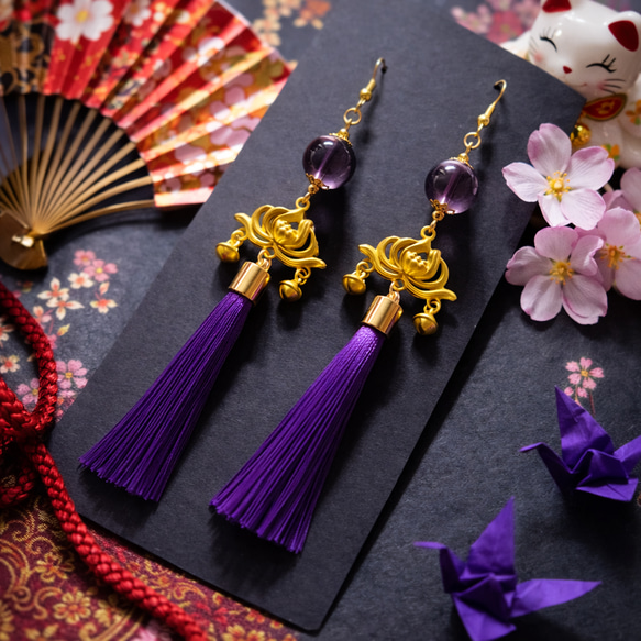 色オーダー可】蓮の花とタッセルのピアス（イヤリング）（紫）【和風