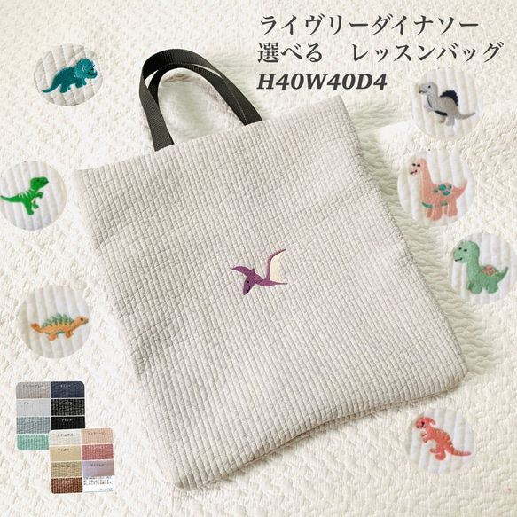 ライヴリーダイナソー　選べるレッスンバッグ　H40W40D4 ヌビ　入園入学準備　お稽古バッグ　通園バッグ　絵本バッグ 1枚目の画像