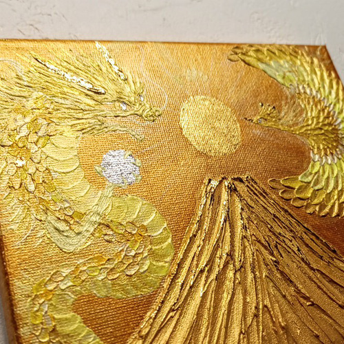 原画一点物◎黄金絵画 純金箔の太陽と金富士＊龍と鳳凰が舞うアート