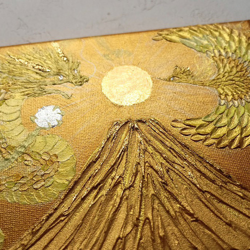 原画一点物◎黄金絵画 純金箔の太陽と金富士＊龍と鳳凰が舞うアート