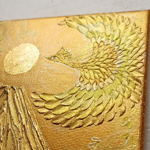 原画一点物◎黄金絵画 純金箔の太陽と金富士＊龍と鳳凰が舞うアート