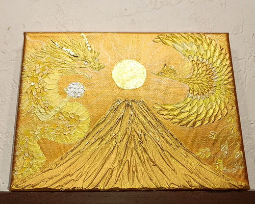 隕石粉 × 金箔 原画 一点物｜宇宙粒子シリーズ｜17×22cmゴールドフレーム 原画一点物◎黄金絵画 純金箔の太陽と金富士＊龍と鳳凰が舞うアート