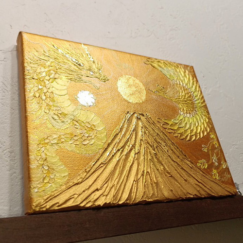 原画一点物◎黄金絵画 純金箔の太陽と金富士＊龍と鳳凰が舞うアート