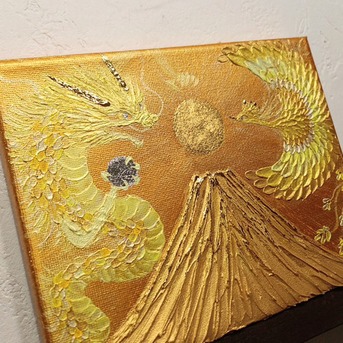 原画一点物◎黄金絵画 純金箔の太陽と金富士＊龍と鳳凰が舞うアート