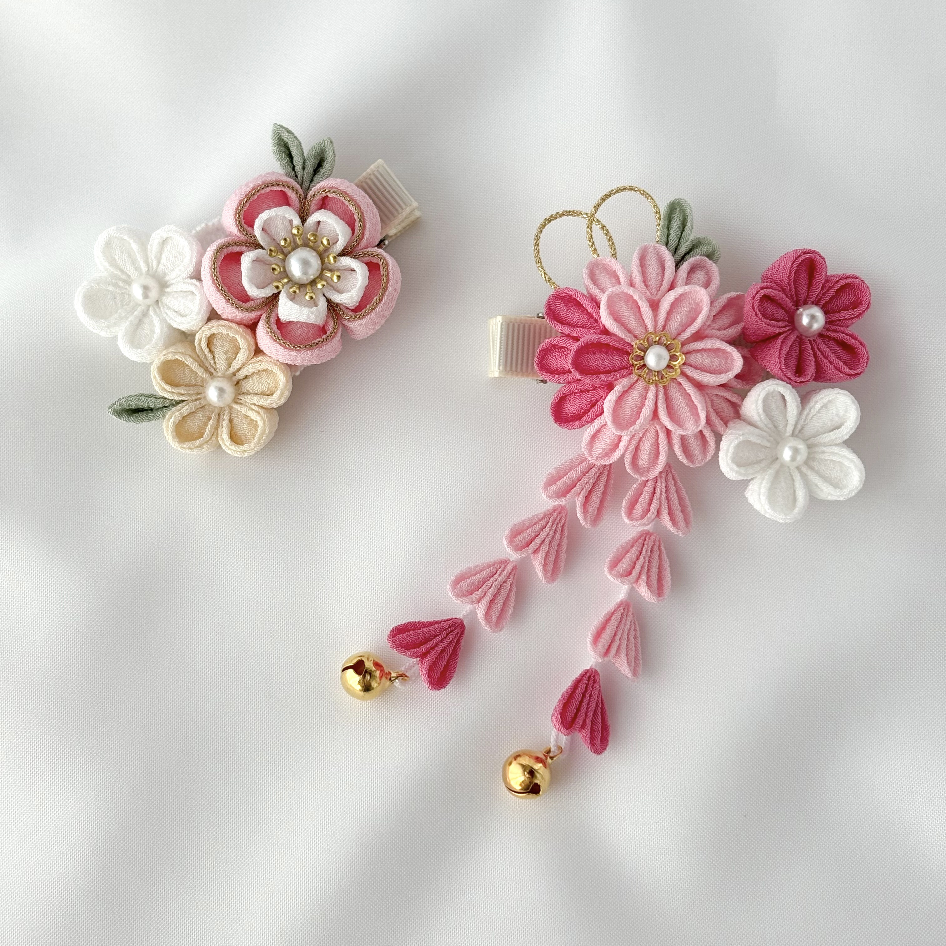 七五三髪飾り 3歳 ヘアクリップ2点セット つまみ細工 ピンク×ホワイト