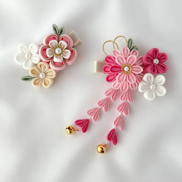 七五三髪飾り 3歳 ヘアクリップ2点セット つまみ細工 ピンク×ホワイト