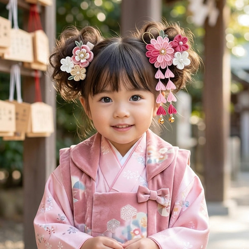 七五三髪飾り 3歳 ヘアクリップ2点セット つまみ細工 ピンク×ホワイト