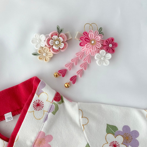 七五三髪飾り 3歳 ヘアクリップ2点セット つまみ細工 ピンク×ホワイト