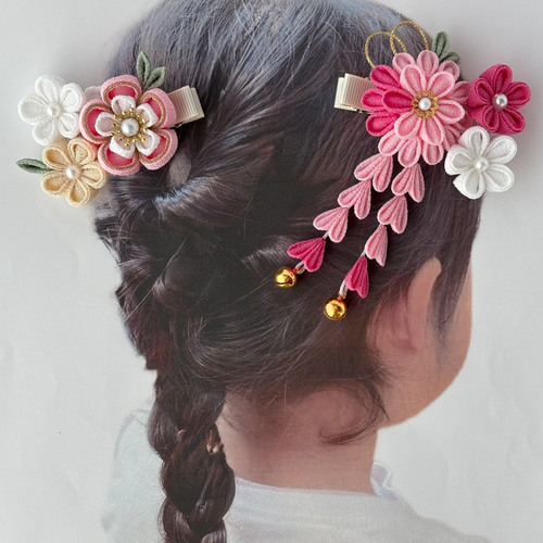 七五三髪飾り 3歳 ヘアクリップ2点セット つまみ細工 ピンク×ホワイト