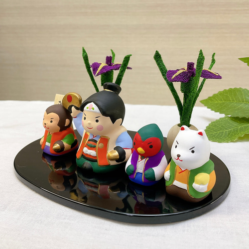 五月人形【錦彩桃太郎飾り ＆ ちりめん細工 花菖蒲一対】端午の節句