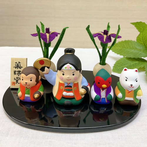 五月人形【錦彩桃太郎飾り ＆ ちりめん細工 花菖蒲一対】端午の節句
