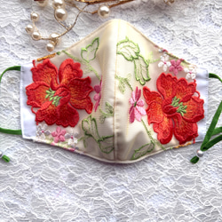 刺繍レースマスク〉華やかピンク×ネイビー 立体刺繍♡抗菌加工 布
