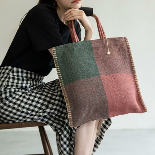 麻トートバッグ かごバッグ リネン ハンドメイド 天然素材 本革