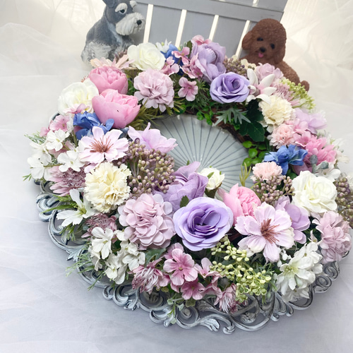 商品名【紗藍】【咲華】ゆきこ❤️フラワーリース　 春リース　 玄関リース パステルカラーのリース☆アーティフィシャルフラワーリース☆大きめ