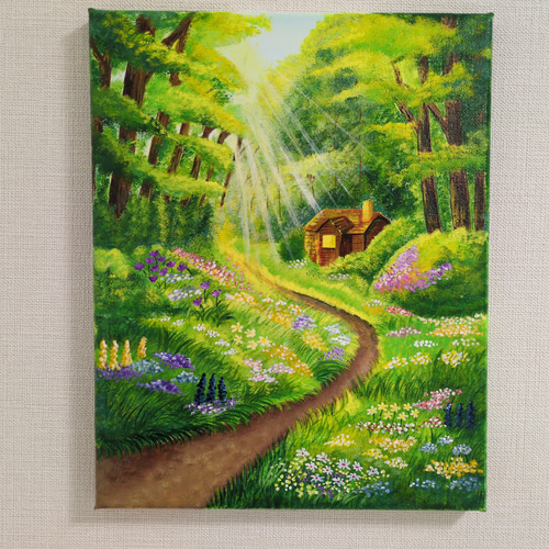 光差す森の小道』/F3 アクリル画 原画 癒しの風景画 森林 光