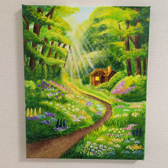 光差す森の小道』/F3 アクリル画 原画 癒しの風景画 森林 光