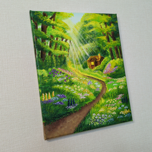 光差す森の小道』/F3 アクリル画 原画 癒しの風景画 森林 光