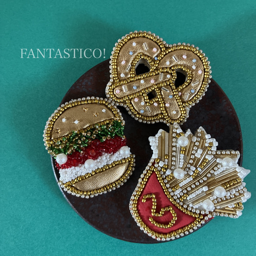 お得な3個セット❤️ファストフードビーズ刺繍ブローチ❤️デリカ