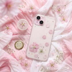 ナチュラルピンクのブーケ 押し花スマホケース iPhone15Android