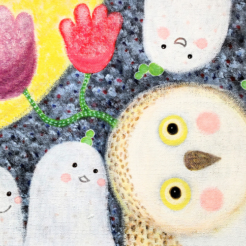 アート 月 フクロウ 原画『花咲く夜の話』キャンバス(F4号) 絵画 一点もの フクロウ ふくろう 特集掲載】原画『花咲く夜の話』キャンバス(F4号) 絵画