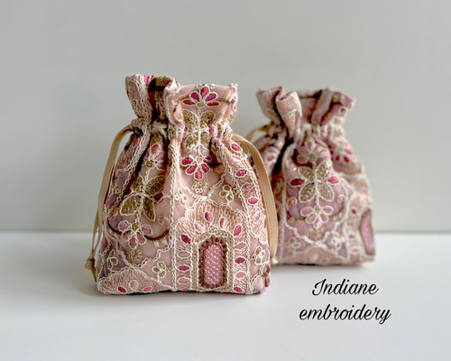 ☆新作☆berry チュールのインド刺繍巾着ポーチ yoneプレゼント ピンク