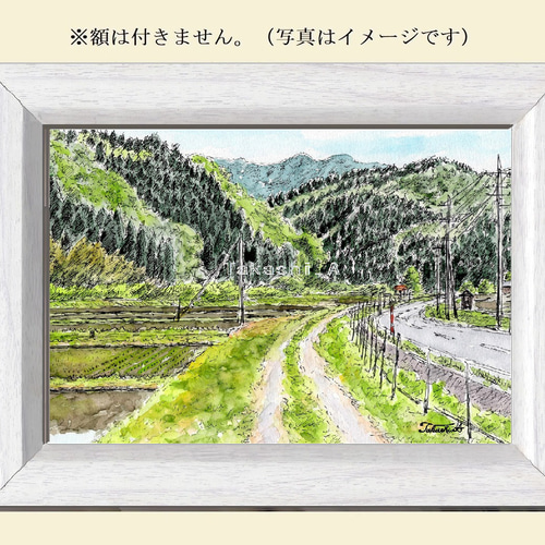 水彩アート「春の交差点」手描き、1点物、真筆。 原画一点物「田舎道」 ＜ペンスケッチ＋透明水彩＞ 絵画 Takashi.A