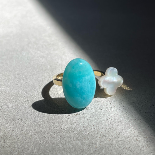 沖縄blue】Amazonite & Shell Flower Cabochon Fork Ring 天然石 指輪