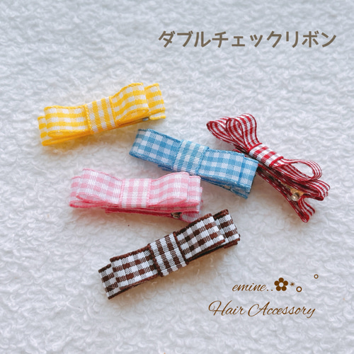newダブルチェックリボン♡ベビーヘアクリップ 赤ちゃん髪留め
