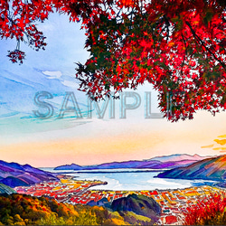 原画】北海道・赤い屋根のある丘の風景（水彩画）送料無料☆美瑛 風景