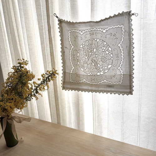 リネン 刺繍レースクッションカバー 鳥と花モチーフ 白糸刺繍 カット