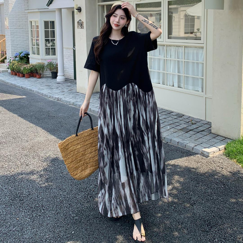 新品】大きいサイズ4L夏服ゆったり半袖 切替ロングワンピース