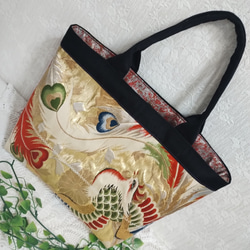 正絹帯リメイク☆横型大きめバッグ☆松／竹／菊☆金糸☆ハンドメイド