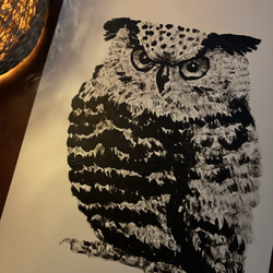 モノクロ フクロウ 原画 A4 ユポ紙 アクリル画 絵画 インテリア モノクロ フクロウ 原画 A4 ユポ紙 アクリル画 絵画 インテリア 絵画