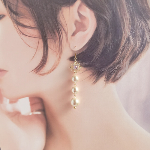 再販＊Triple Pearl 〜Purple Bijou〜 イヤリング ピアス パール
