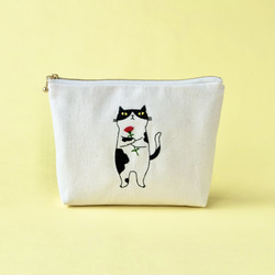 期間限定》＊手刺繍＊巾着ポーチ（猫とカーネーション）母の日ギフト