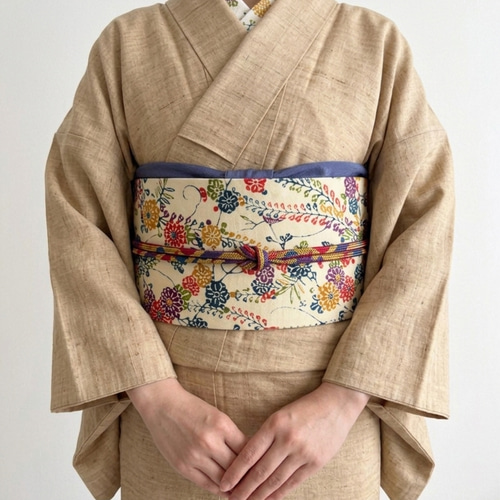 最後の一点！292号 半幅帯 紅型 アイボリー×本場結城紬 濃紺 正絹