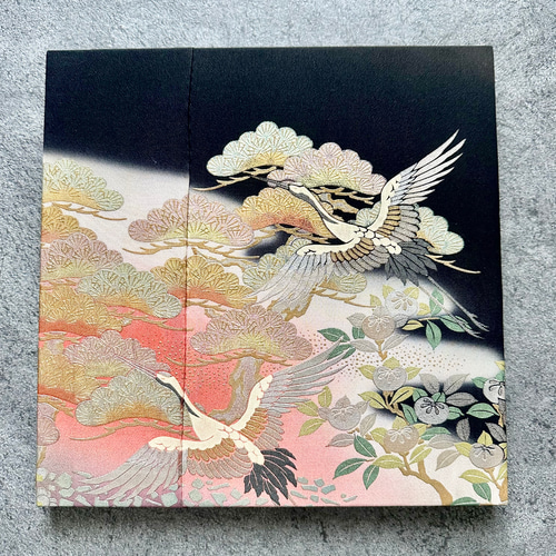 ヴィンテージ着物 ファブリックパネル 朝焼けに鶴 30×30cm（2枚組）和