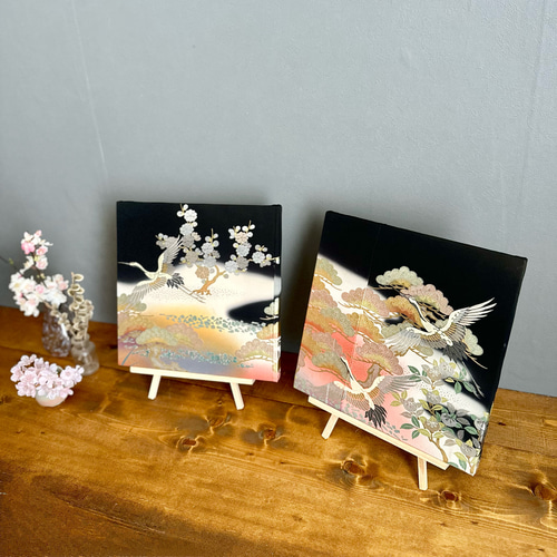 ヴィンテージ着物 ファブリックパネル 朝焼けに鶴 30×30cm（2枚組）和