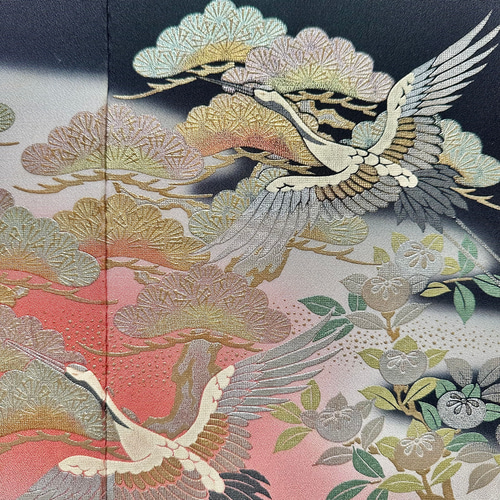 ヴィンテージ着物 ファブリックパネル 朝焼けに鶴 30×30cm（2枚組）和