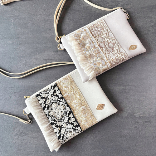 フェイクレザーとインド刺繍リボンのサコッシュ/ミニポシェット/ミニ