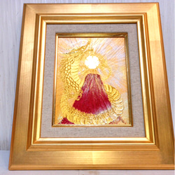 純金箔絵画 原画一点物◎黄金絵画 純金箔の太陽と金富士＊龍と鳳凰が舞うアート