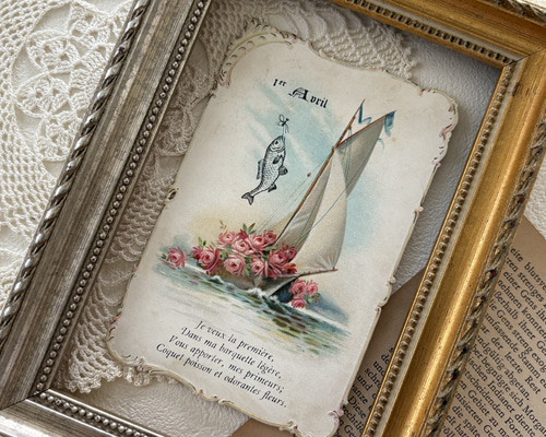 フランス アンティークカード Poisson d'Avril 4月の魚 エンボス Rose