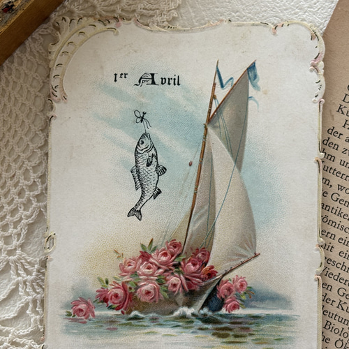 フランス アンティークカード Poisson d'Avril 4月の魚 エンボス Rose