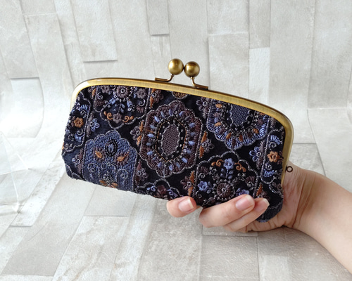 刺繍生地のがま口長財布 【華】 コンパクトロング スリム長財布 柄財布