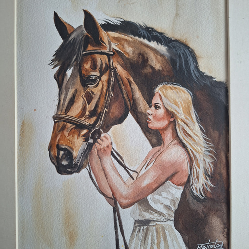 水彩画 美女と愛馬 絵画 makochin 通販 20622198｜Creema