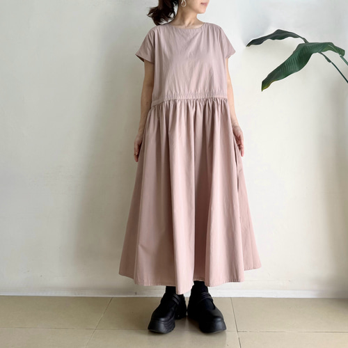 半袖サイドリボンワンピース * Cotton素材 ほんのりPink Beige